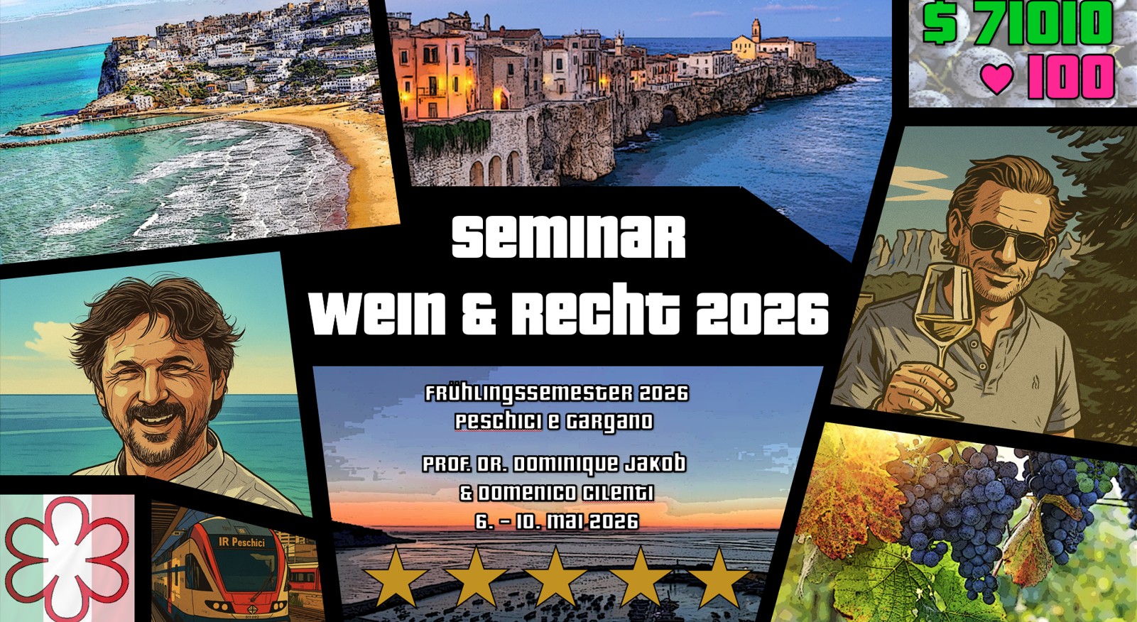 KI-Stimmungsbild Peschici und Gargano, Seminar Wein, Küche und Recht mit Porträts von Prof. Dr. Dominique Jakob und Domenico Cilentis.