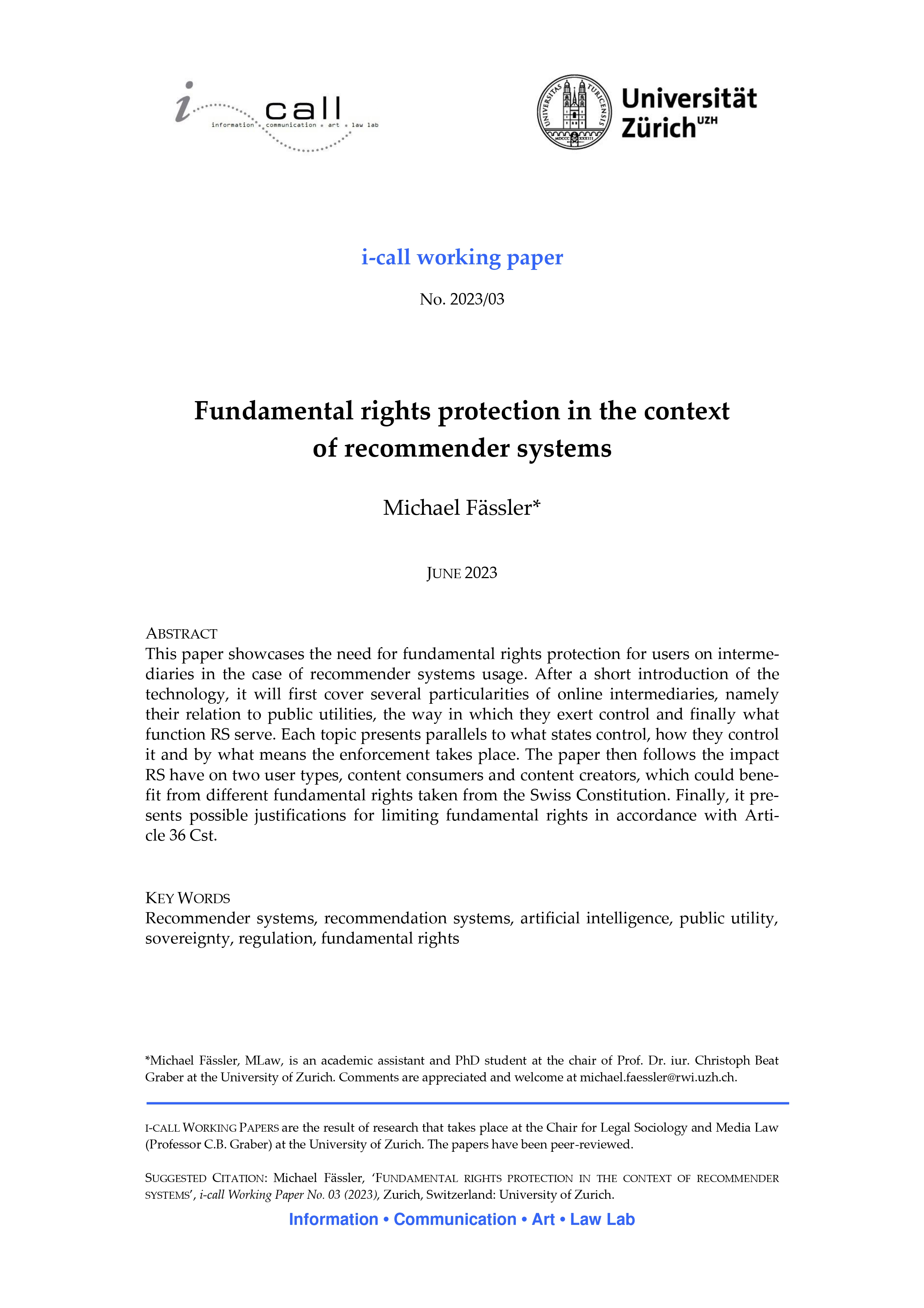 Michael Fässler_Fundamental rights protection in the context of recommender systems_2023_03